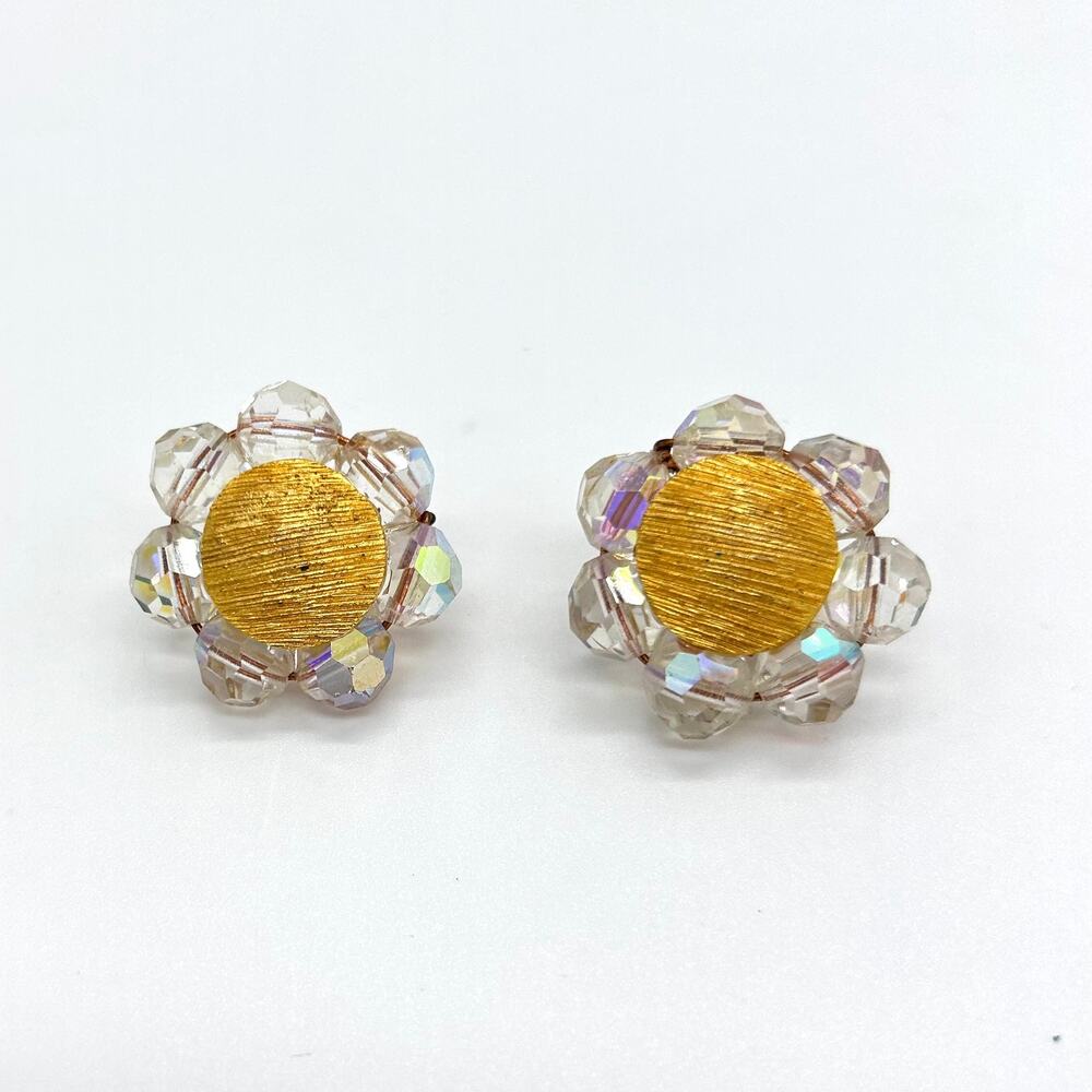 Vintage Aurora Borealis Clip On Earrings Flower Ballet Brand Gold Tone Costume